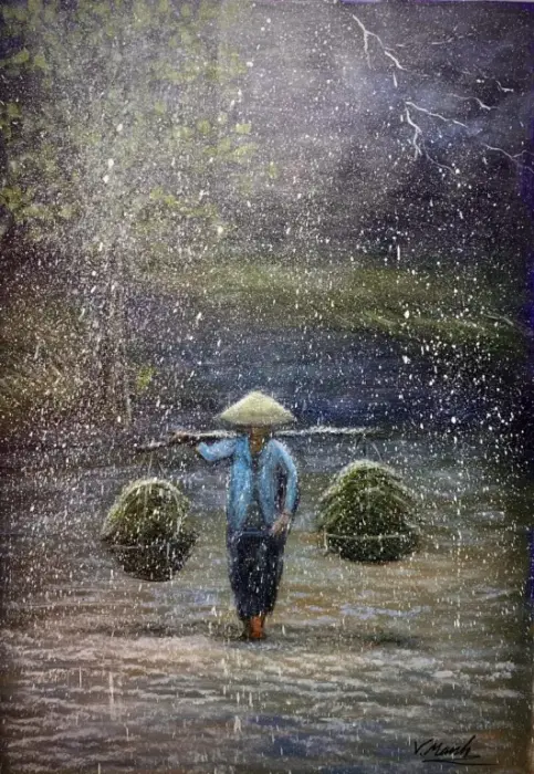 ベトナムの農民の雨のシーンのアートワーク